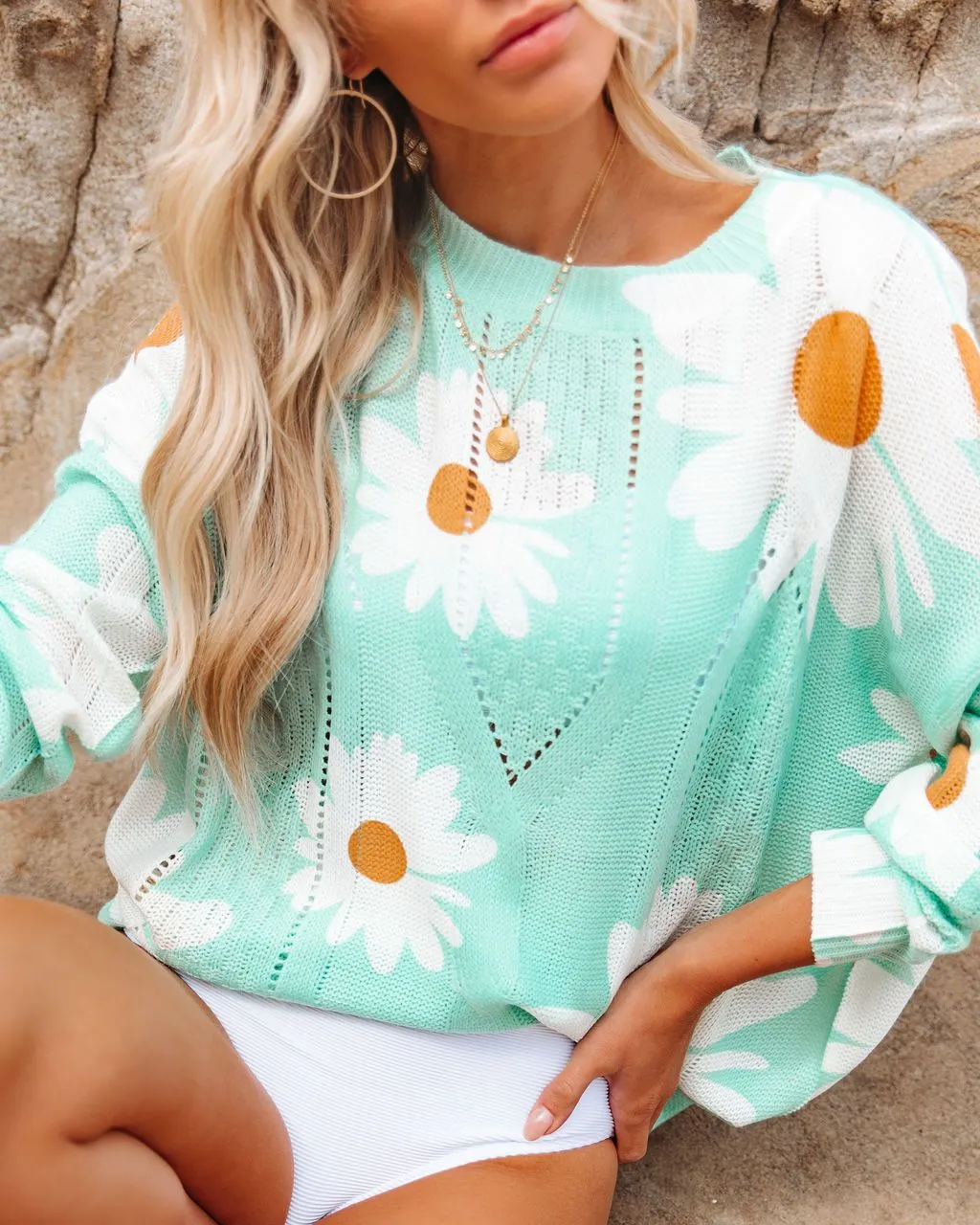Light Blue Daisy Print Long Sleeve Sweater