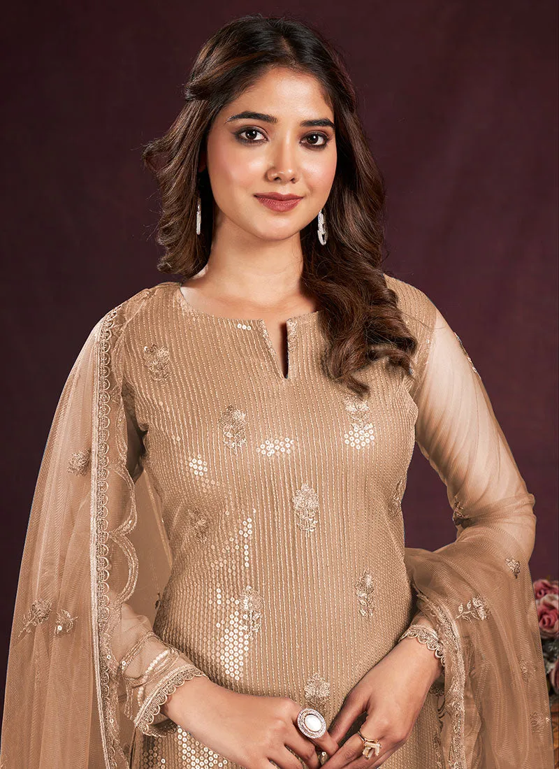 Light Brown Sequence Embroidery Pant Style Suit