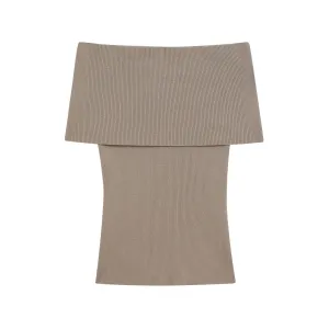Light Tan Off Shoulder Knit Short Sleeve Top