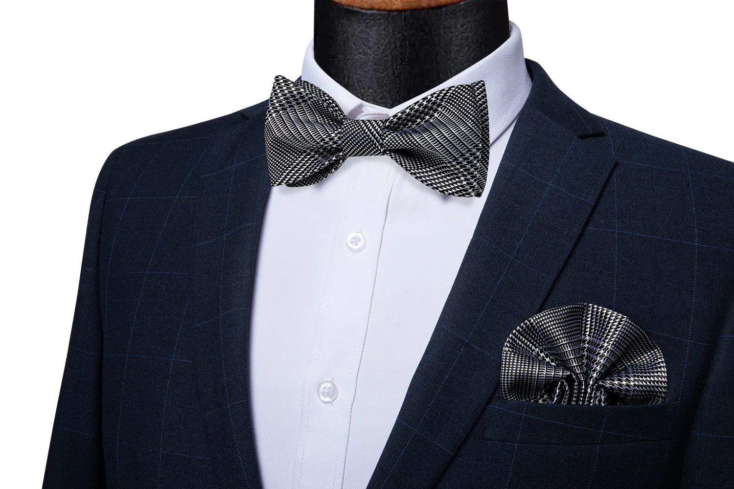 Novelty Houndstooth Self-Bowtie Pocket Square Cufflinks Set