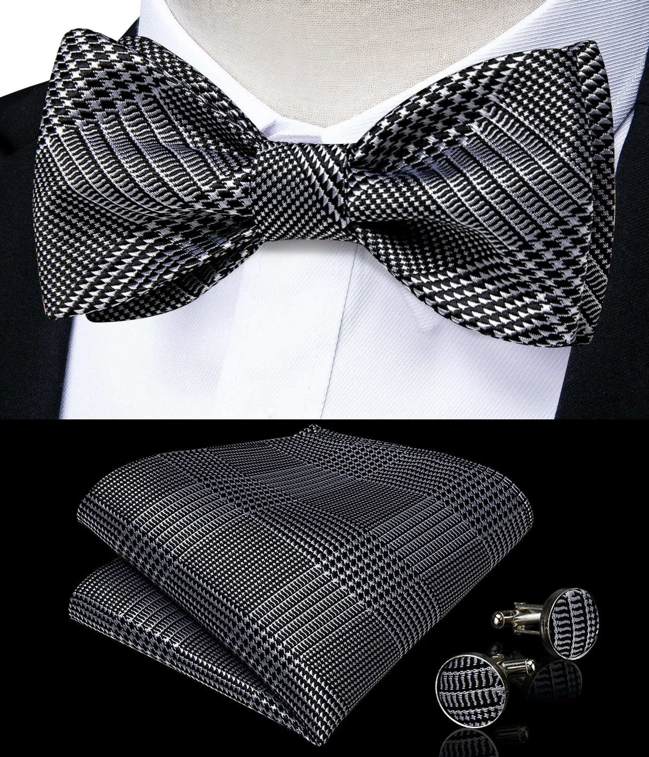 Novelty Houndstooth Self-Bowtie Pocket Square Cufflinks Set