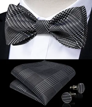 Novelty Houndstooth Self-Bowtie Pocket Square Cufflinks Set