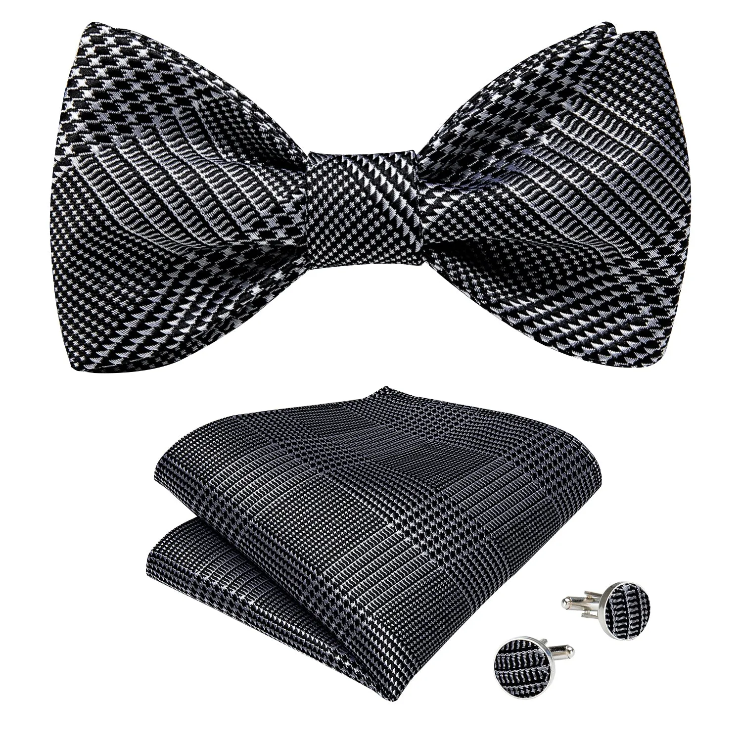 Novelty Houndstooth Self-Bowtie Pocket Square Cufflinks Set