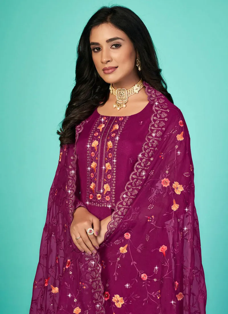 Purple Multi Floral Embroidery Traditional Pant Style Suit