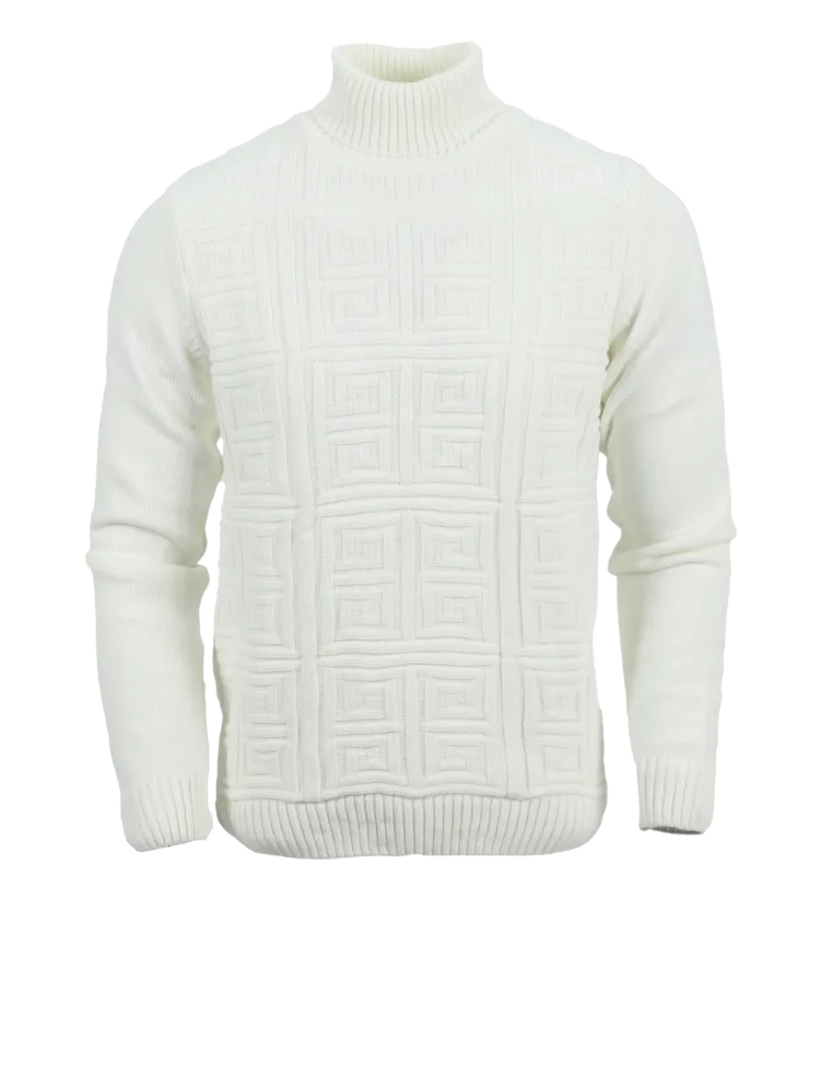 White Men's Greek Key Turtleneck Sweaters Light Blend Slim Fit
