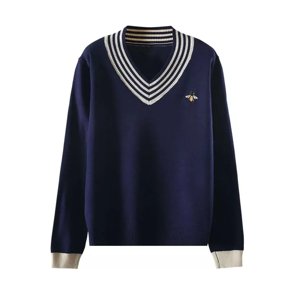 Women's Bee Embroidery V-neck Striped Long Sleeve Knit Pullover Sweater