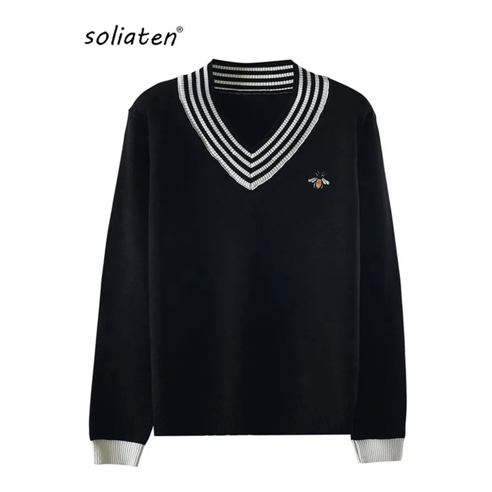 Women's Bee Embroidery V-neck Striped Long Sleeve Knit Pullover Sweater