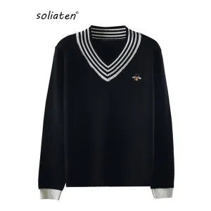 Women's Bee Embroidery V-neck Striped Long Sleeve Knit Pullover Sweater