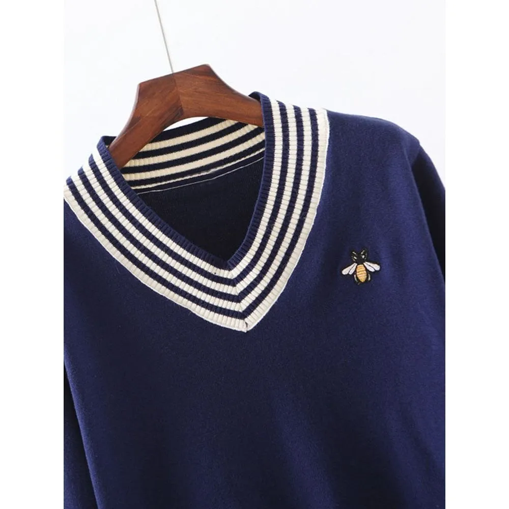 Women's Bee Embroidery V-neck Striped Long Sleeve Knit Pullover Sweater