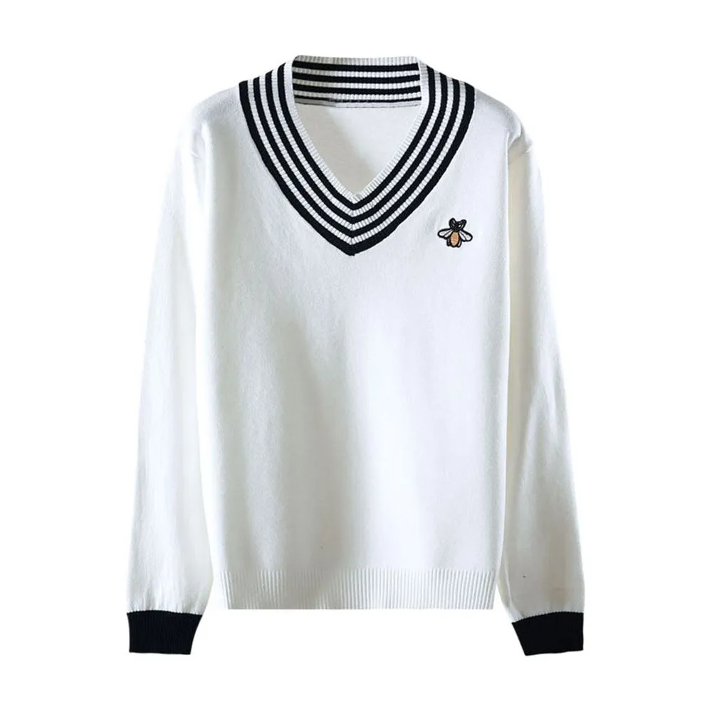 Women's Bee Embroidery V-neck Striped Long Sleeve Knit Pullover Sweater
