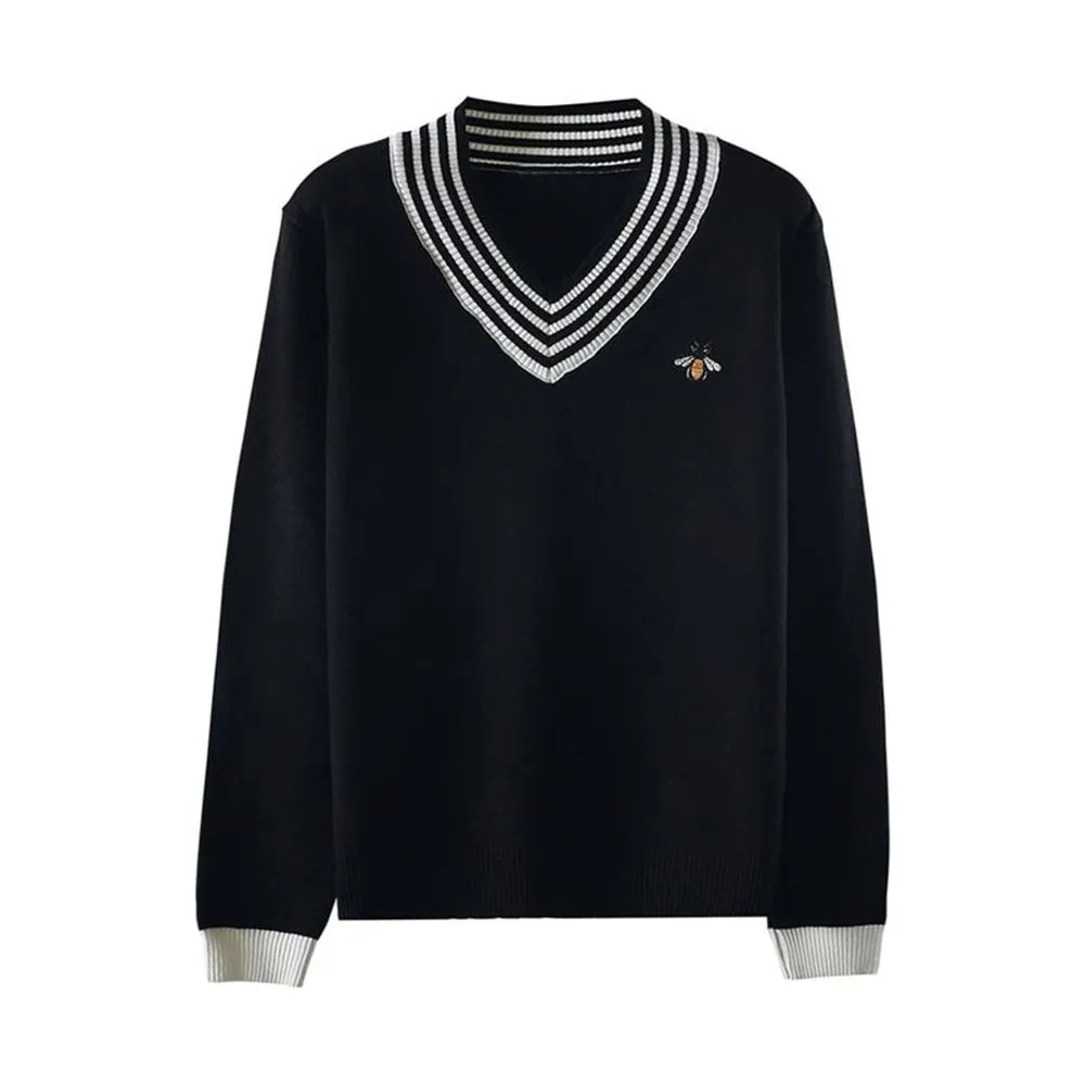 Women's Bee Embroidery V-neck Striped Long Sleeve Knit Pullover Sweater