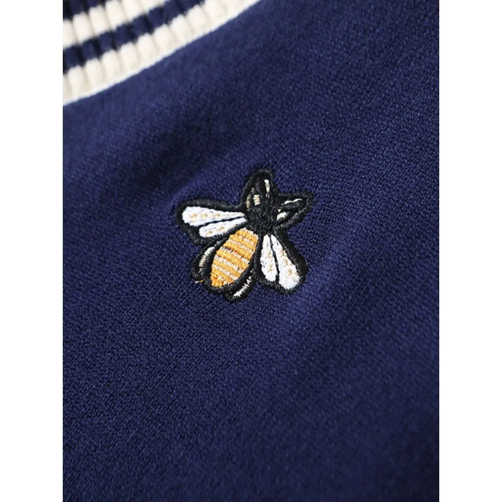 Women's Bee Embroidery V-neck Striped Long Sleeve Knit Pullover Sweater