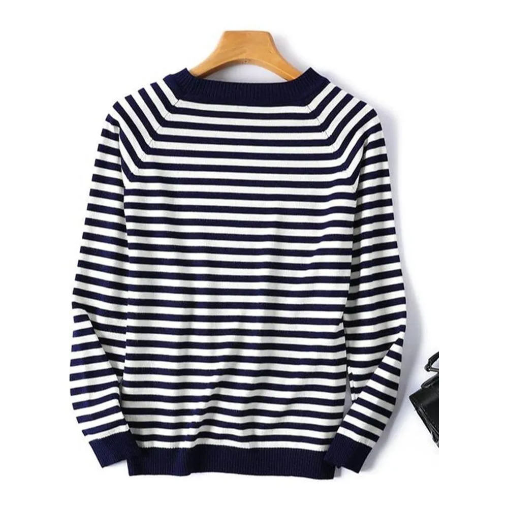 Women's Spring Autumn Long Sleeve Striped Knitted O-Neck Pullover Sweater