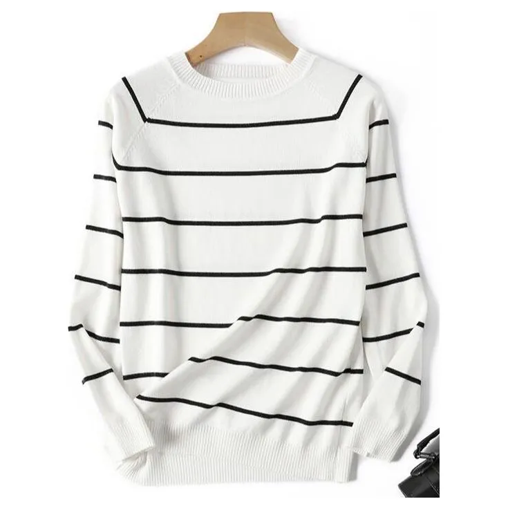 Women's Spring Autumn Long Sleeve Striped Knitted O-Neck Pullover Sweater