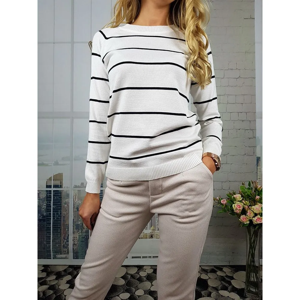 Women's Spring Autumn Long Sleeve Striped Knitted O-Neck Pullover Sweater