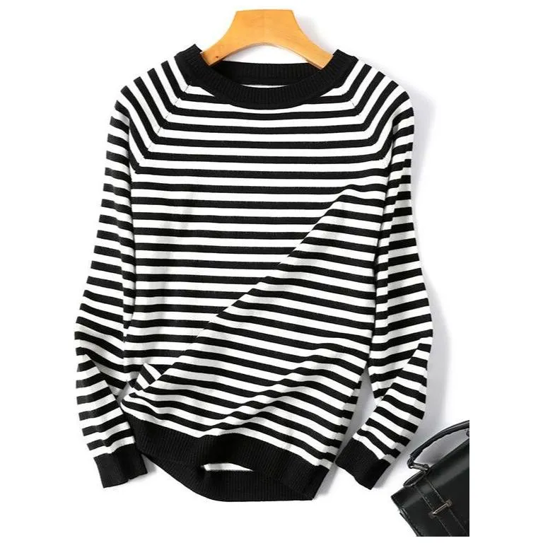 Women's Spring Autumn Long Sleeve Striped Knitted O-Neck Pullover Sweater