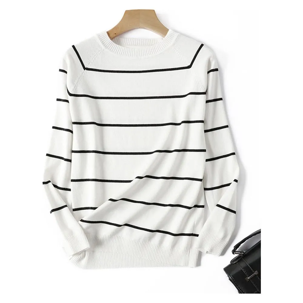 Women's Spring Autumn Long Sleeve Striped Knitted O-Neck Pullover Sweater