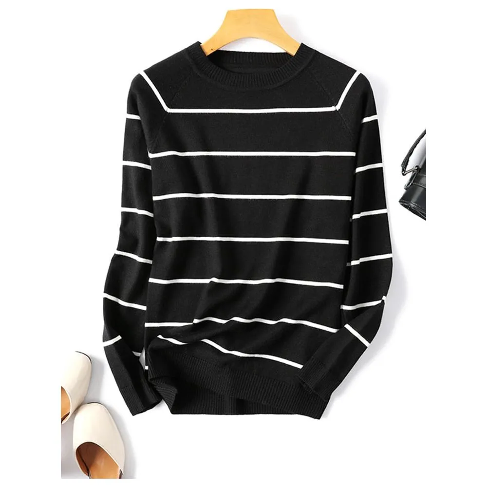 Women's Spring Autumn Long Sleeve Striped Knitted O-Neck Pullover Sweater